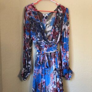 Spy Zone Exchange Womens Sheer Maxi Dress XL Blue Paisley Long Split Sleeves